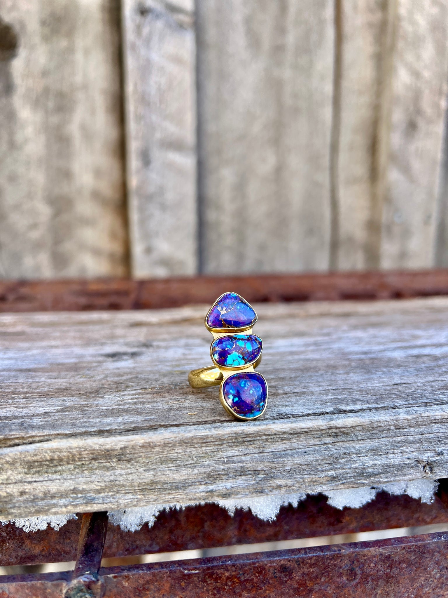 Triple Stone Purple Mojave Turquoise & Gold Alchemia Adjustable Ring W16