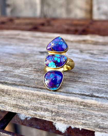 Triple Stone Purple Mojave Turquoise & Gold Alchemia Adjustable Ring
