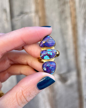 Triple Stone Purple Mojave Turquoise & Gold Alchemia Adjustable Ring W16