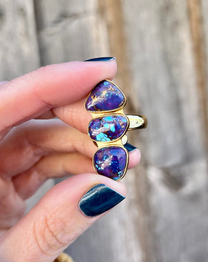 Triple Stone Purple Mojave Turquoise & Gold Alchemia Adjustable Ring W16