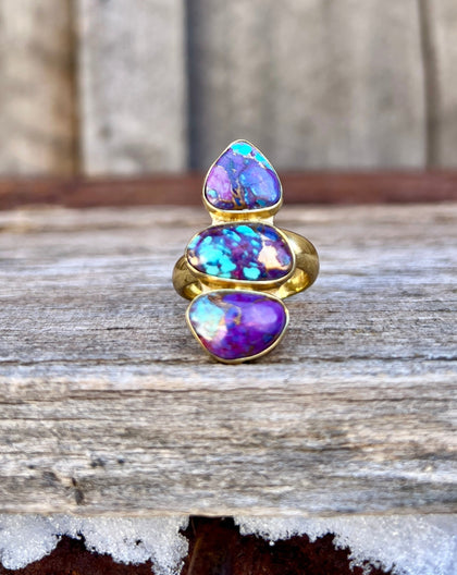 Triple Stone Purple Mojave Turquoise & Gold Alchemia Adjustable Ring