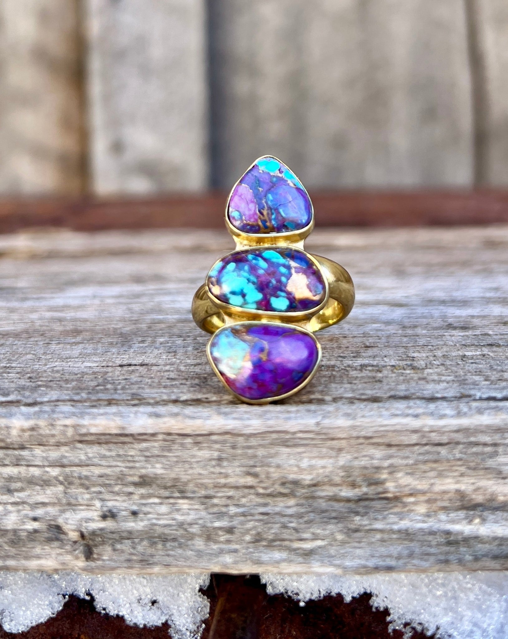 Triple Stone Purple Mojave Turquoise & Gold Alchemia Adjustable Ring W17