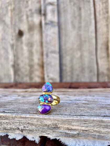 Triple Stone Purple Mojave Turquoise & Gold Alchemia Adjustable Ring