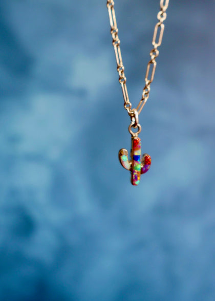 Electric Fire Opal  Dainty Cactus Necklace in Sterling Silver