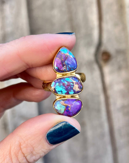 Triple Stone Purple Mojave Turquoise & Gold Alchemia Adjustable Ring