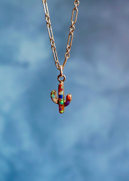 Electric Fire Opal  Dainty Cactus Necklace in Sterling Silver