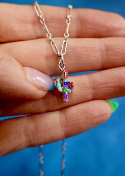 Electric Fire Opal  Dainty Cactus Necklace in Sterling Silver