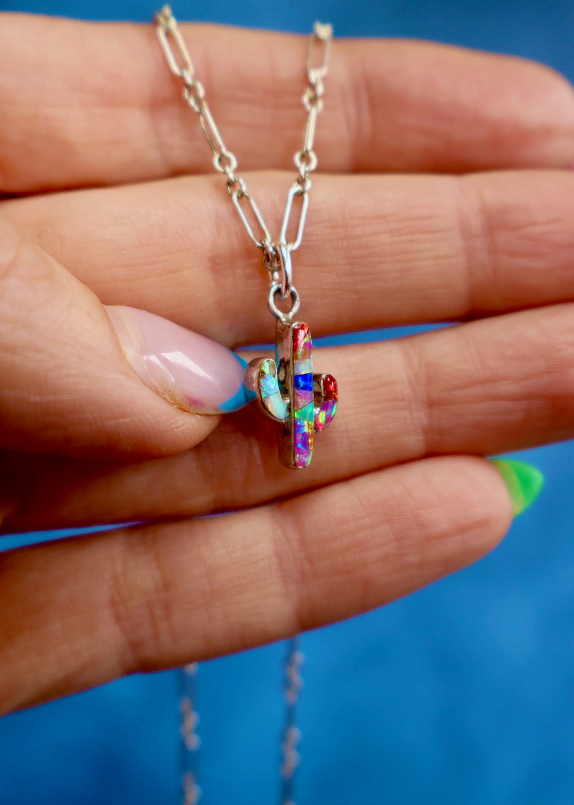Electric Fire Opal  Dainty Cactus Necklace in Sterling Silver E84
