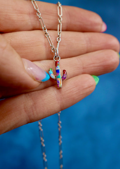 Electric Fire Opal  Dainty Cactus Necklace in Sterling Silver