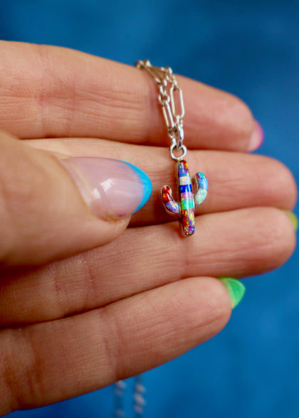 Electric Fire Opal  Dainty Cactus Necklace in Sterling Silver