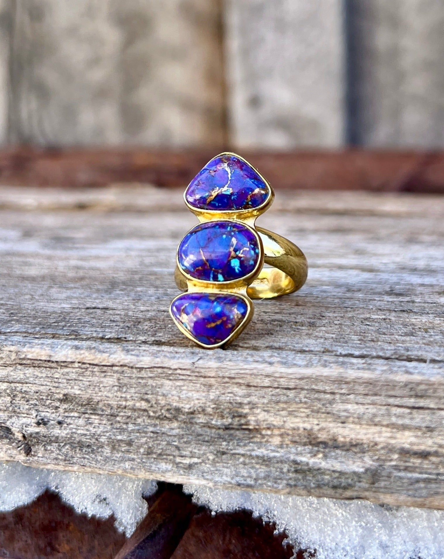 Triple Stone Purple Mojave Turquoise & Gold Alchemia Adjustable Ring W18