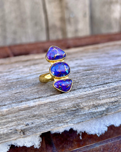 Triple Stone Purple Mojave Turquoise & Gold Alchemia Adjustable Ring