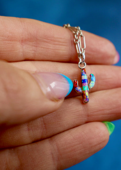 Electric Fire Opal  Dainty Cactus Necklace in Sterling Silver
