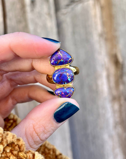 Triple Stone Purple Mojave Turquoise & Gold Alchemia Adjustable Ring