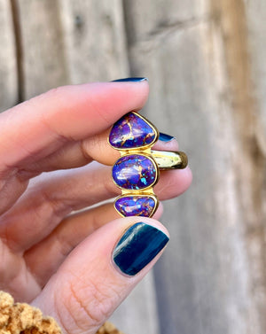 Triple Stone Purple Mojave Turquoise & Gold Alchemia Adjustable Ring W18