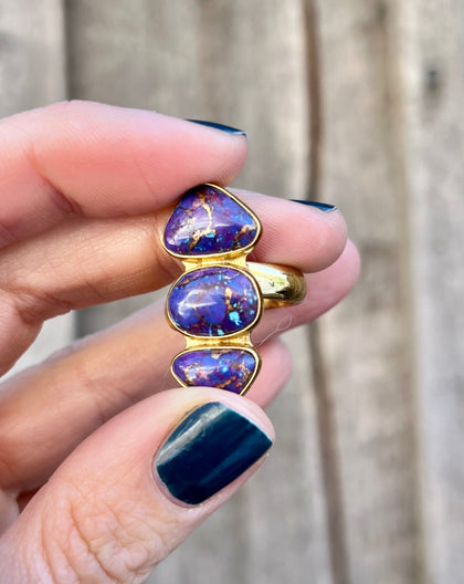 Triple Stone Purple Mojave Turquoise & Gold Alchemia Adjustable Ring