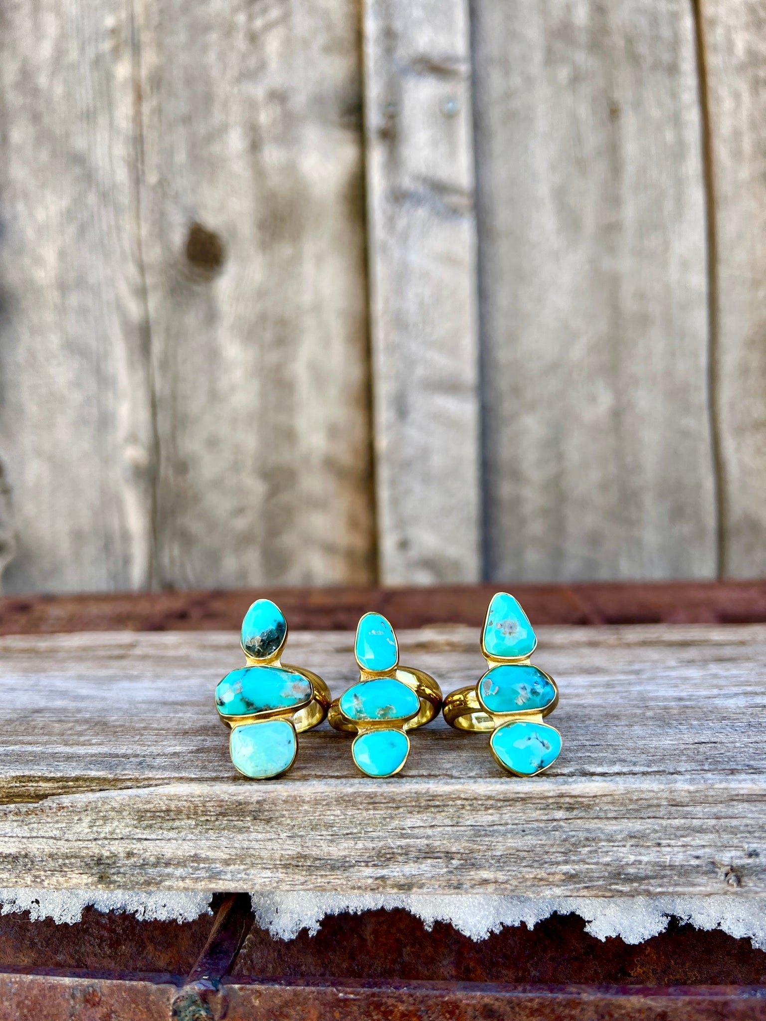 Triple Stone Faceted Turquoise & Gold Alchemia Adjustable Ring W19