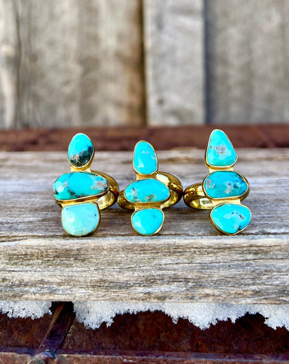 Triple Stone Faceted Turquoise & Gold Alchemia Adjustable Ring