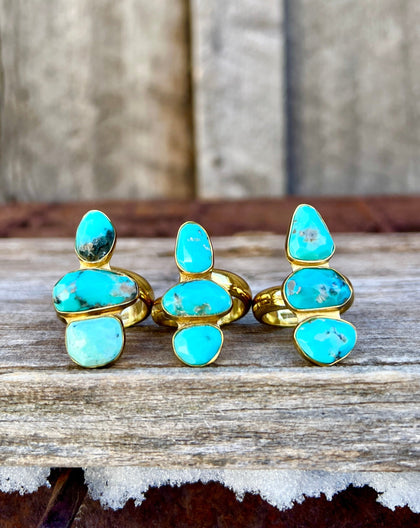 Triple Stone Faceted Turquoise & Gold Alchemia Adjustable Ring