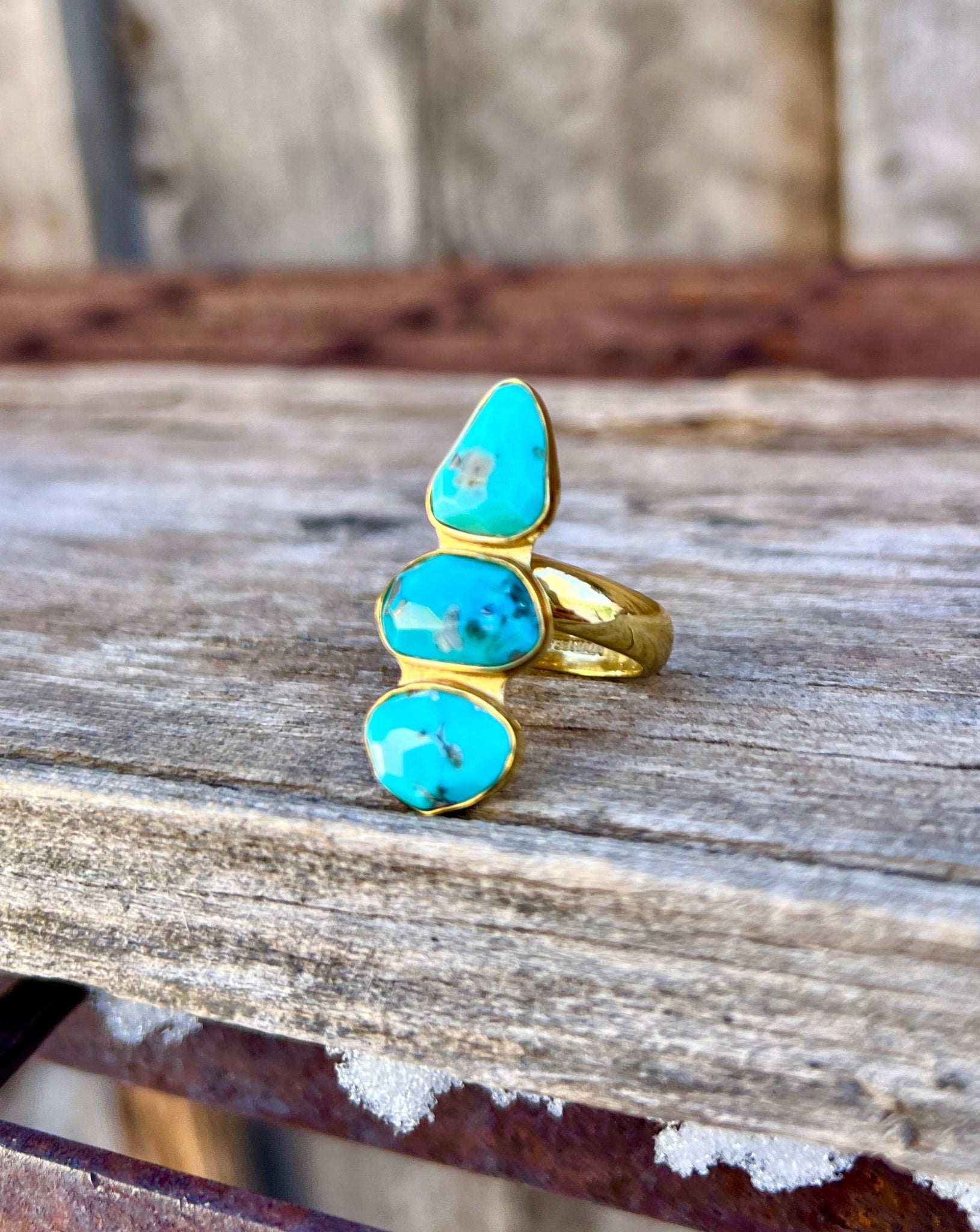 Triple Stone Faceted Turquoise & Gold Alchemia Adjustable Ring W19