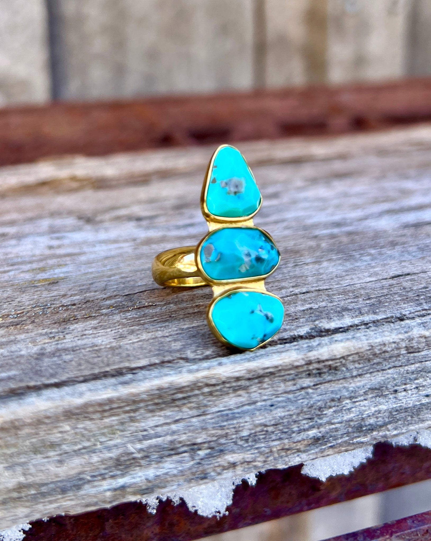 Triple Stone Faceted Turquoise & Gold Alchemia Adjustable Ring W19