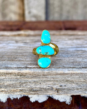 Triple Stone Faceted Turquoise & Gold Alchemia Adjustable Ring W20