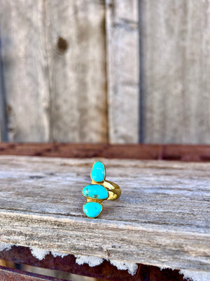 Triple Stone Faceted Turquoise & Gold Alchemia Adjustable Ring W20