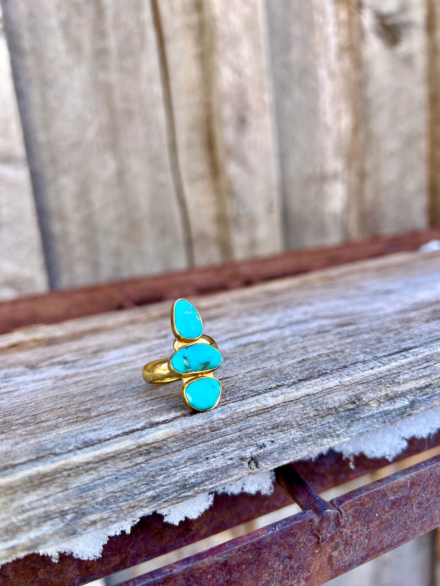 Triple Stone Faceted Turquoise & Gold Alchemia Adjustable Ring W20