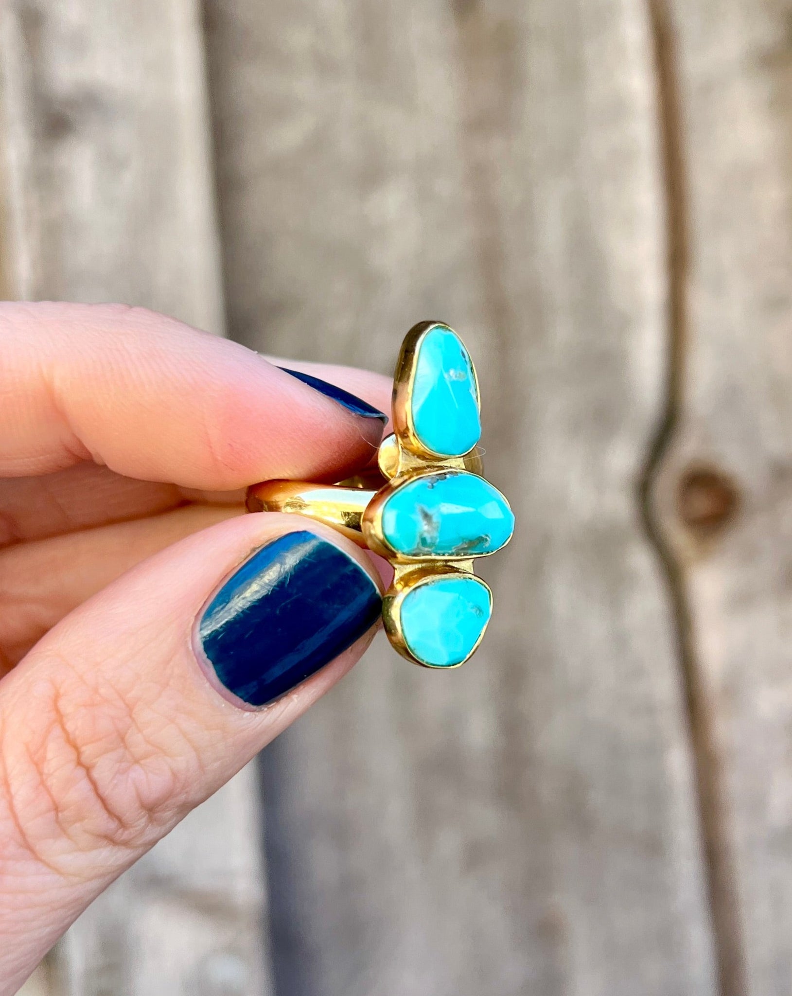 Triple Stone Faceted Turquoise & Gold Alchemia Adjustable Ring W20