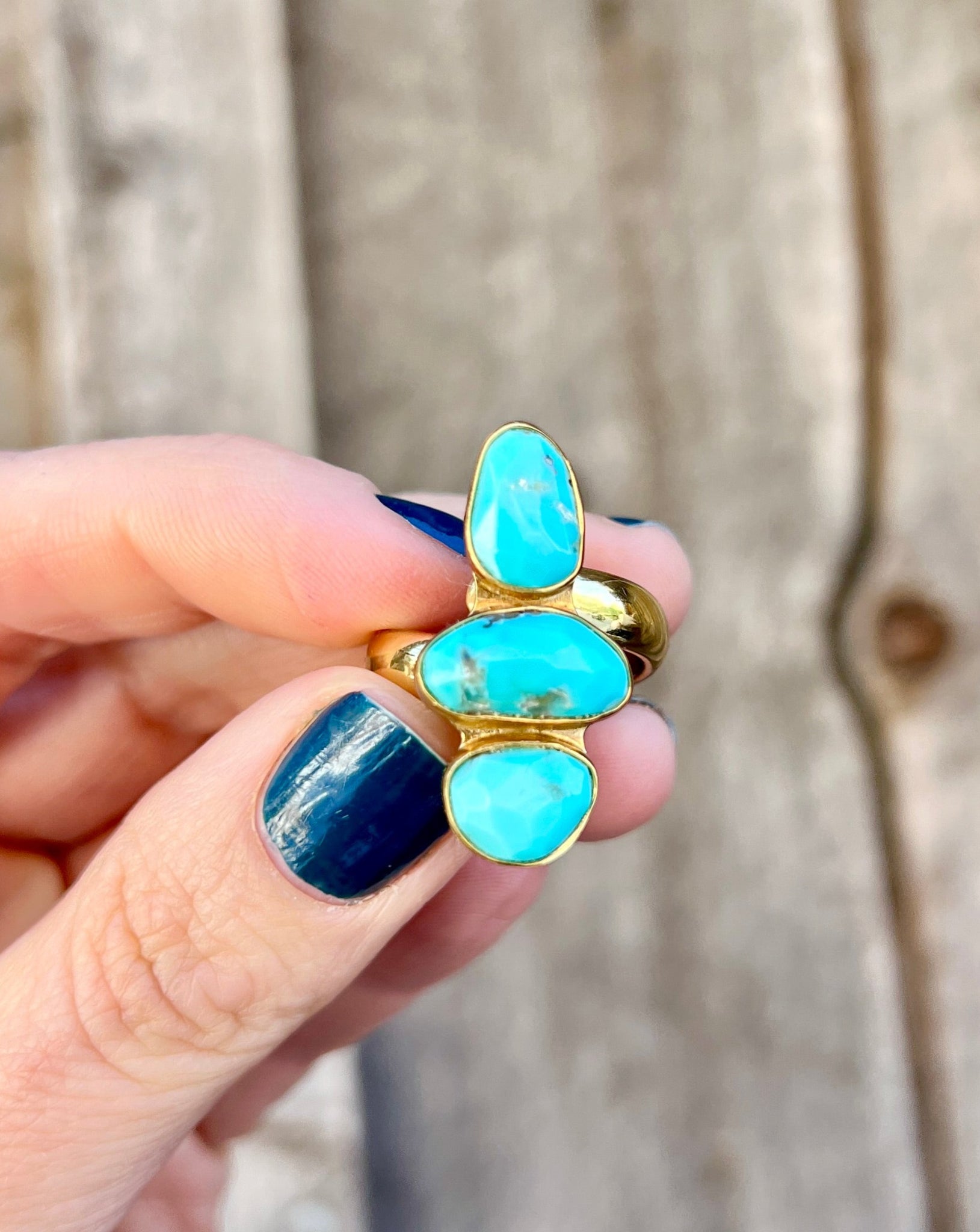 Triple Stone Faceted Turquoise & Gold Alchemia Adjustable Ring W20