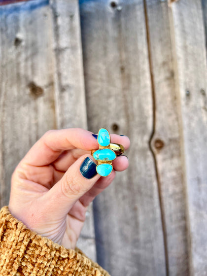 Triple Stone Faceted Turquoise & Gold Alchemia Adjustable Ring