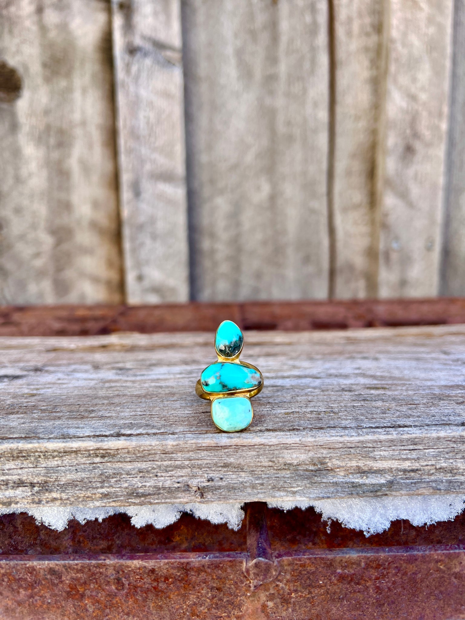 Triple Stone Faceted Turquoise & Gold Alchemia Adjustable Ring W21