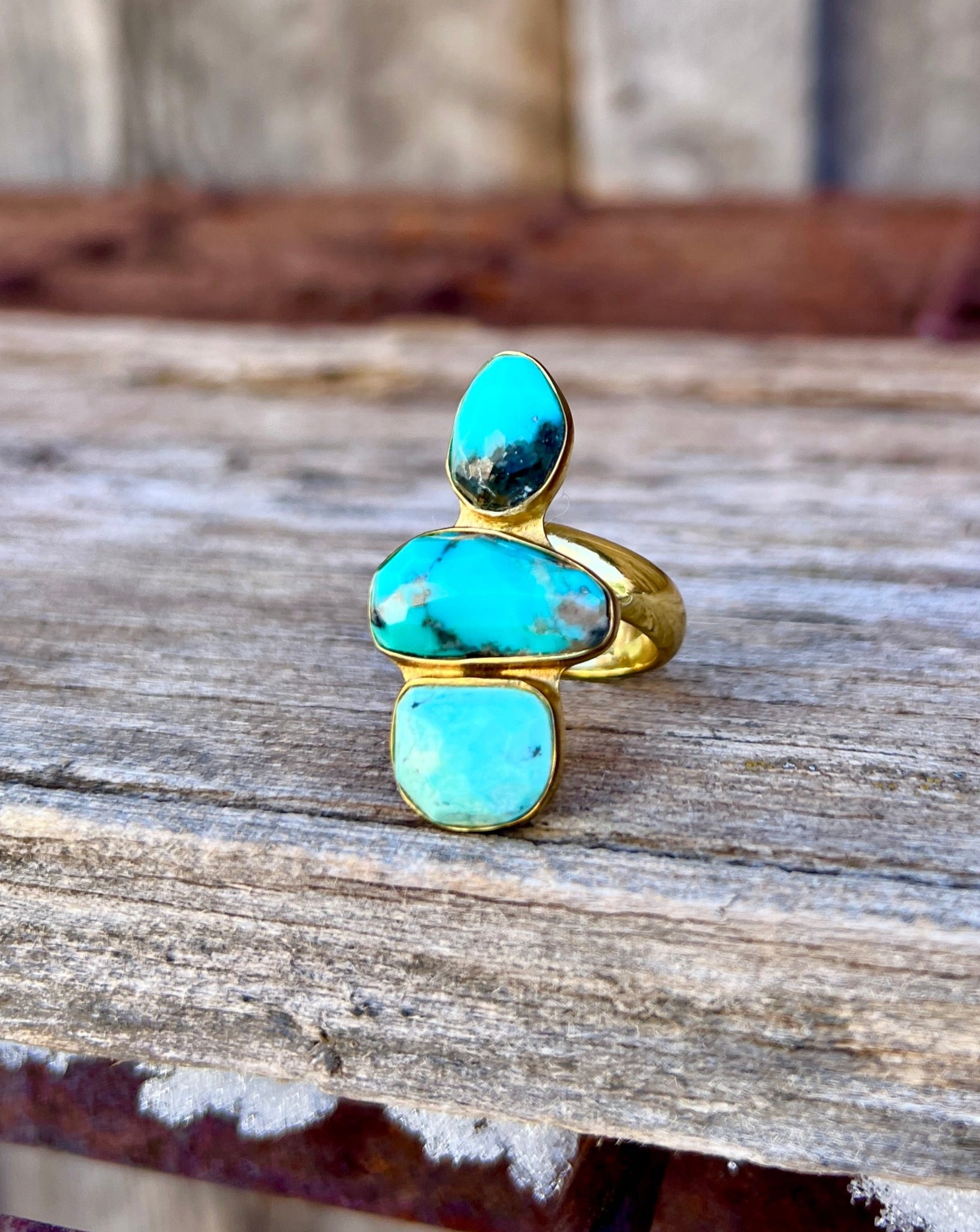 Triple Stone Faceted Turquoise & Gold Alchemia Adjustable Ring W21