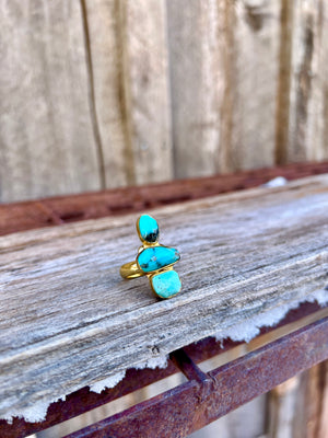 Triple Stone Faceted Turquoise & Gold Alchemia Adjustable Ring W21