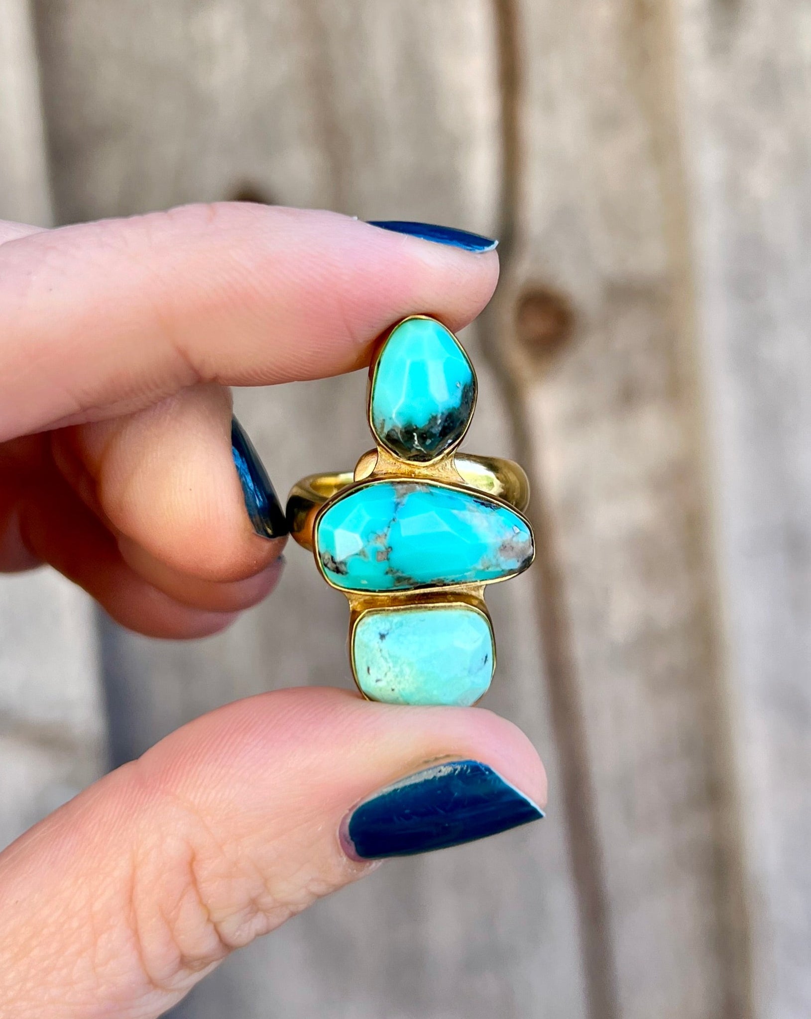 Triple Stone Faceted Turquoise & Gold Alchemia Adjustable Ring W21