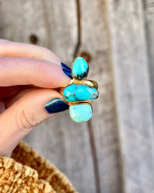 Triple Stone Faceted Turquoise & Gold Alchemia Adjustable Ring W21