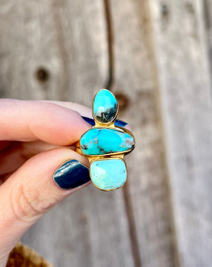 Triple Stone Faceted Turquoise & Gold Alchemia Adjustable Ring