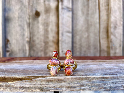 Triple Stone Red Agate & Gold Alchemia Adjustable Ring