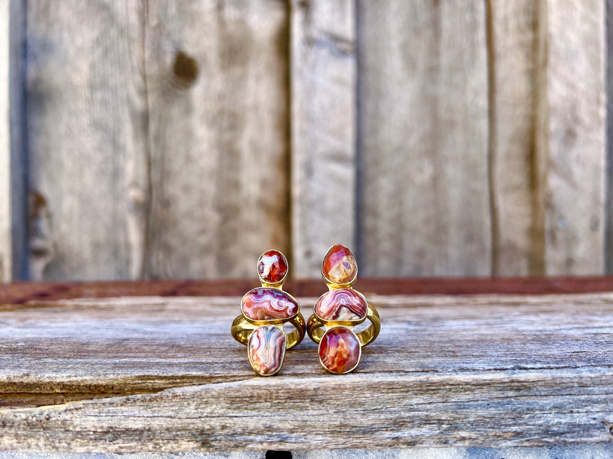 Triple Stone Red Agate & Gold Alchemia Adjustable Ring W22