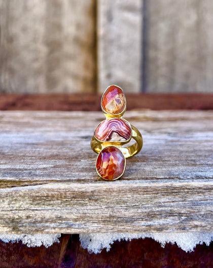 Triple Stone Red Agate & Gold Alchemia Adjustable Ring
