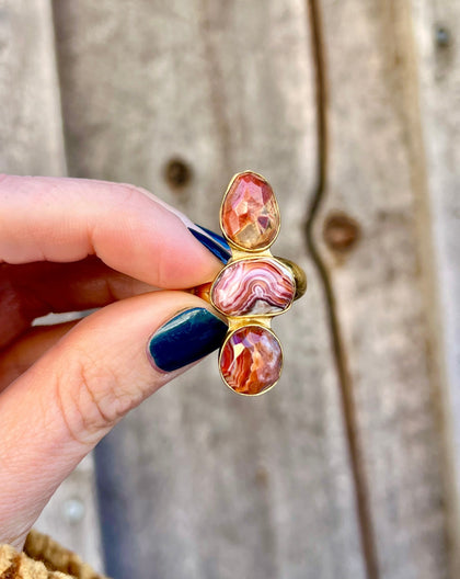 Triple Stone Red Agate & Gold Alchemia Adjustable Ring