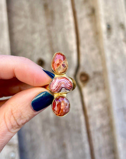 Triple Stone Red Agate & Gold Alchemia Adjustable Ring