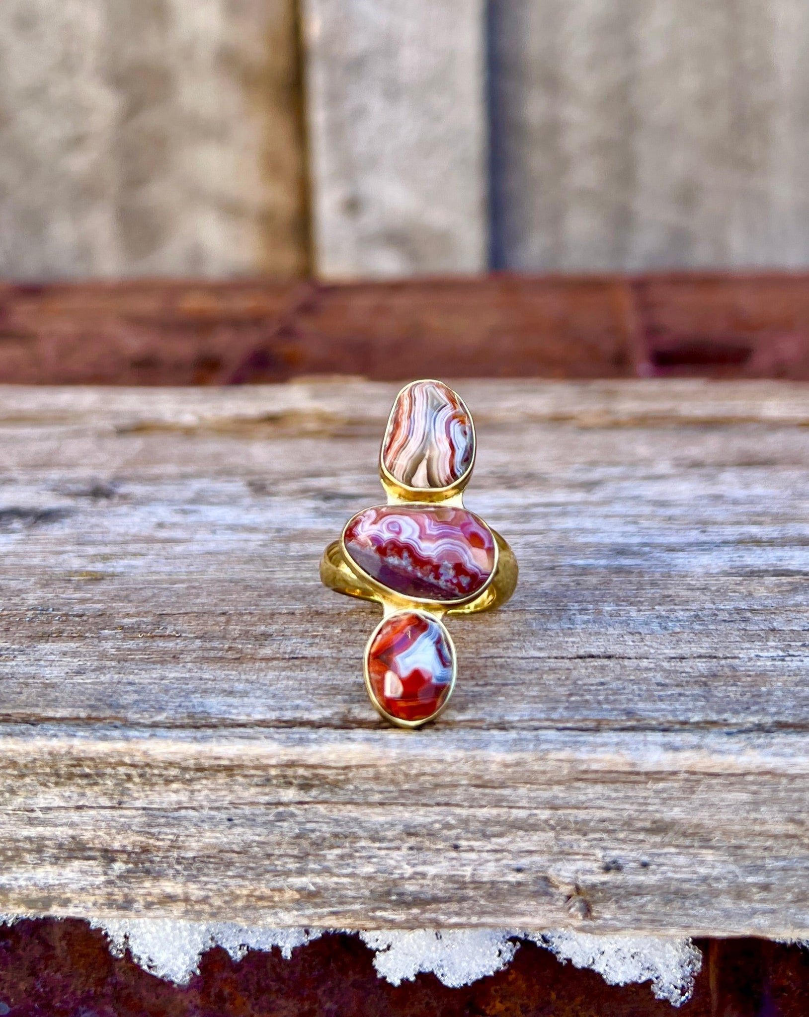 Triple Stone Red Agate & Gold Alchemia Adjustable Ring W23