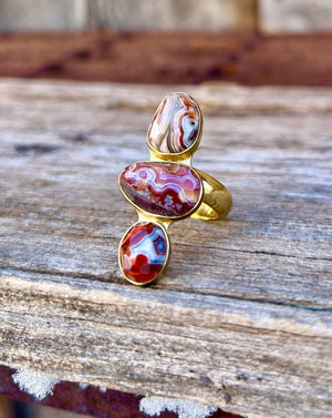 Triple Stone Red Agate & Gold Alchemia Adjustable Ring W23