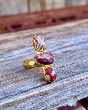 Triple Stone Red Agate & Gold Alchemia Adjustable Ring W23