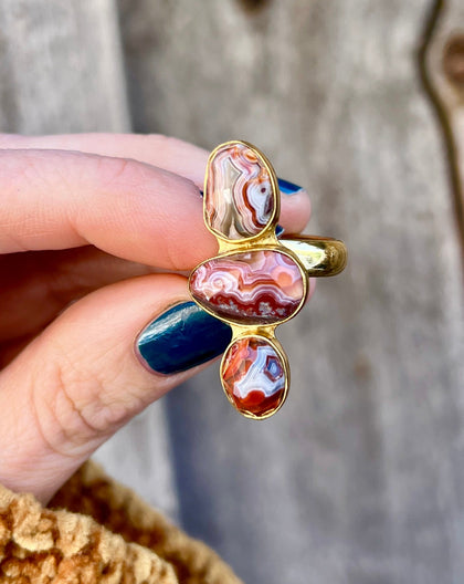 Triple Stone Red Agate & Gold Alchemia Adjustable Ring