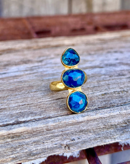 Triple Stone Kyanite & Gold Alchemia Adjustable Ring