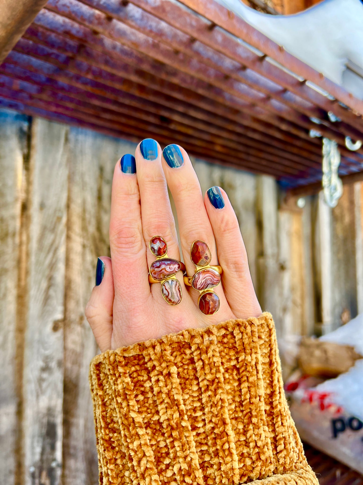 Triple Stone Red Agate & Gold Alchemia Adjustable Ring W22