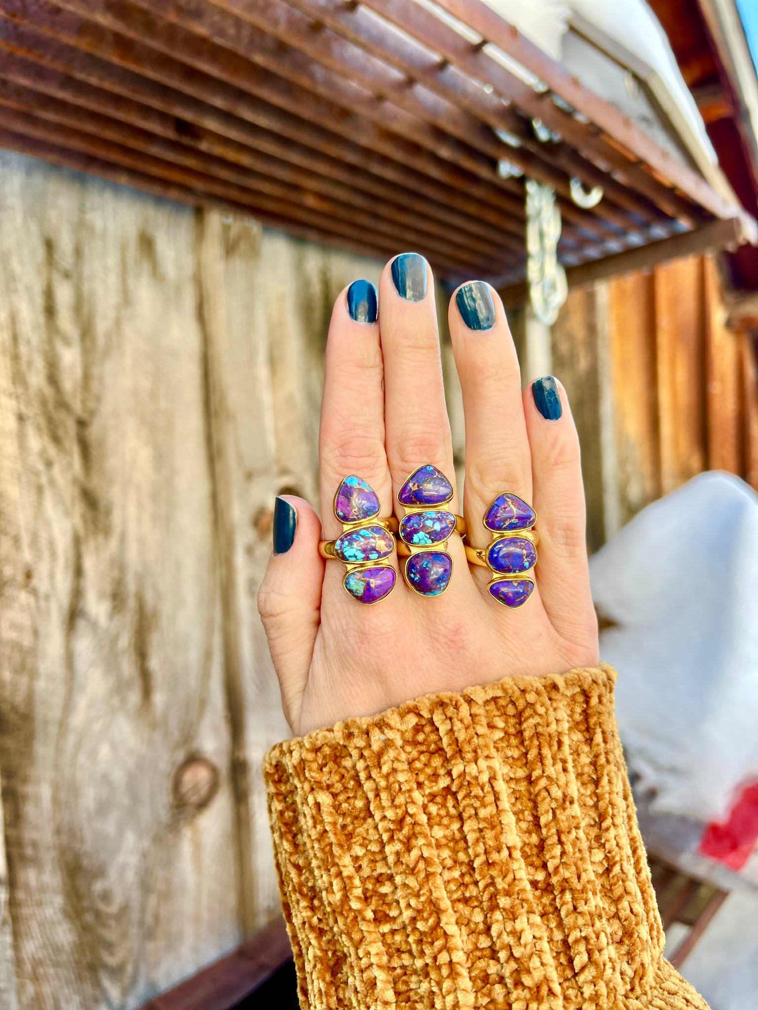 Triple Stone Purple Mojave Turquoise & Gold Alchemia Adjustable Ring W16