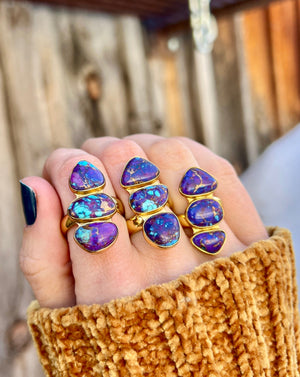 Triple Stone Purple Mojave Turquoise & Gold Alchemia Adjustable Ring W17